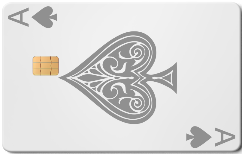 Metal Ace of Spades card with ornate silver spade and gold chip on white background