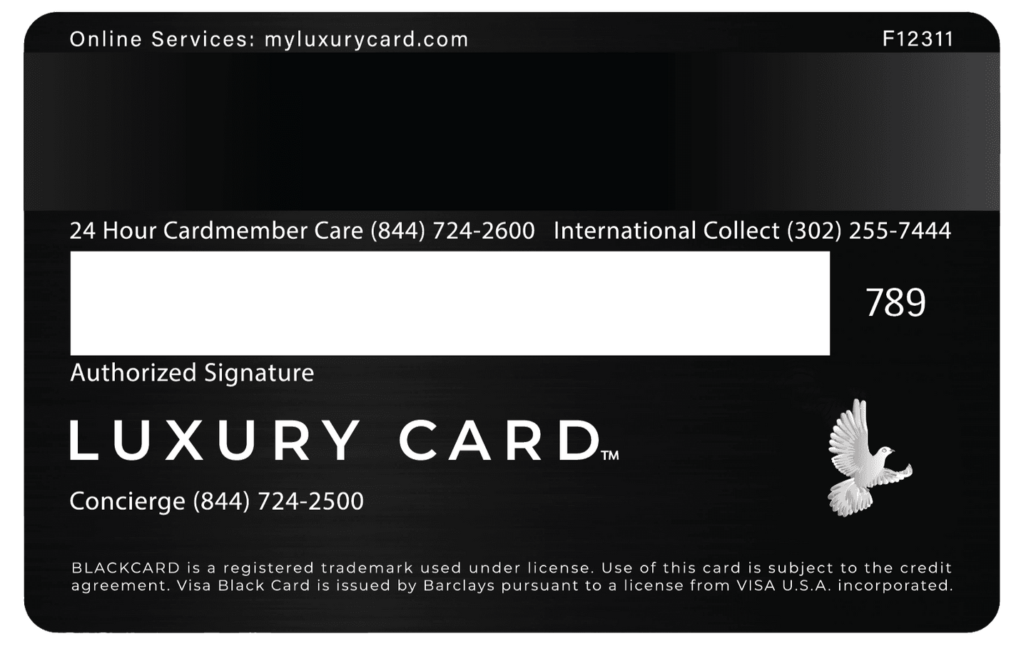 Black metal luxury card with white text, dove emblem, signature strip, and service contacts.