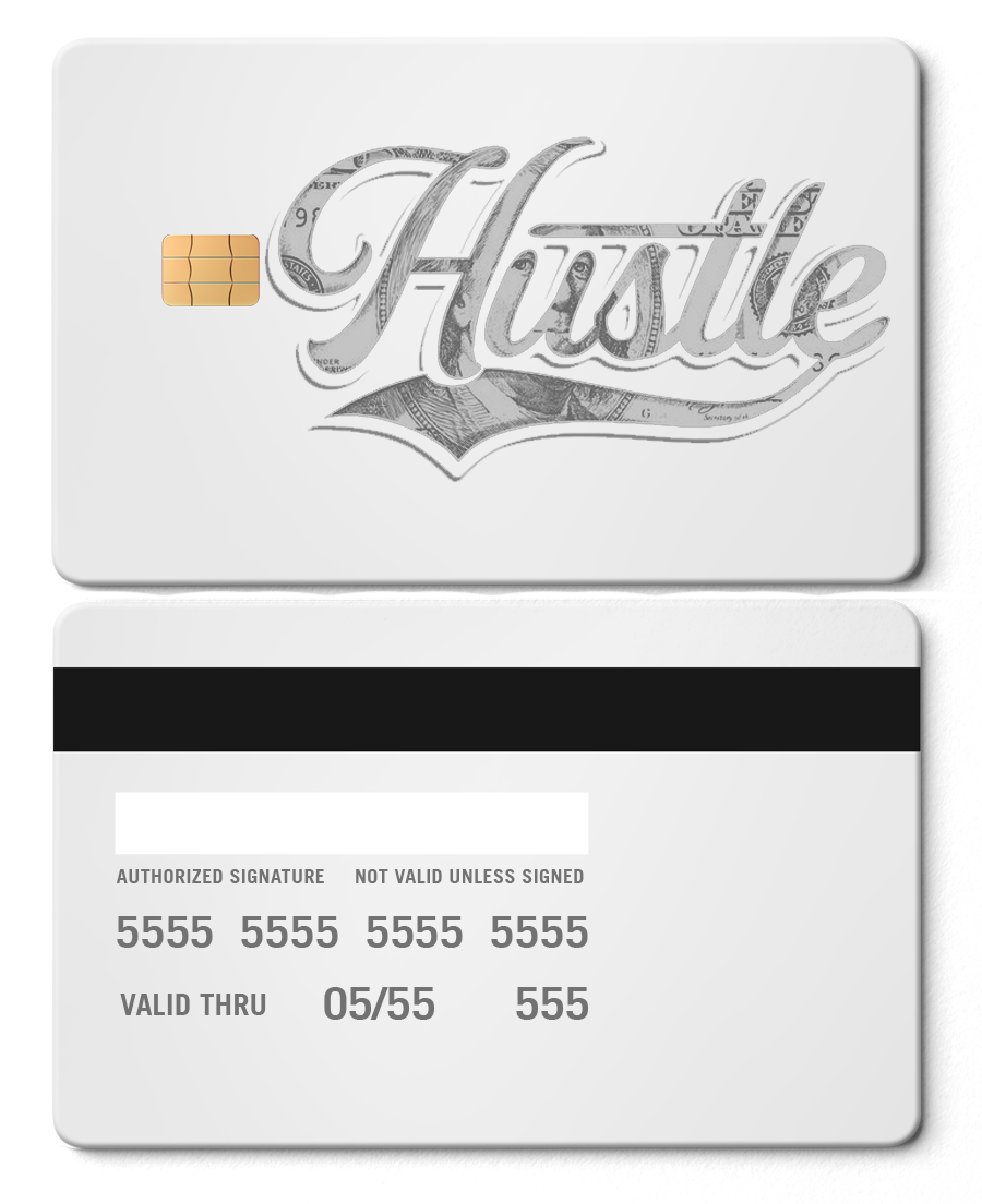 White metal card with 'Hustle' script, dollar bill design, chip, and credit card details.