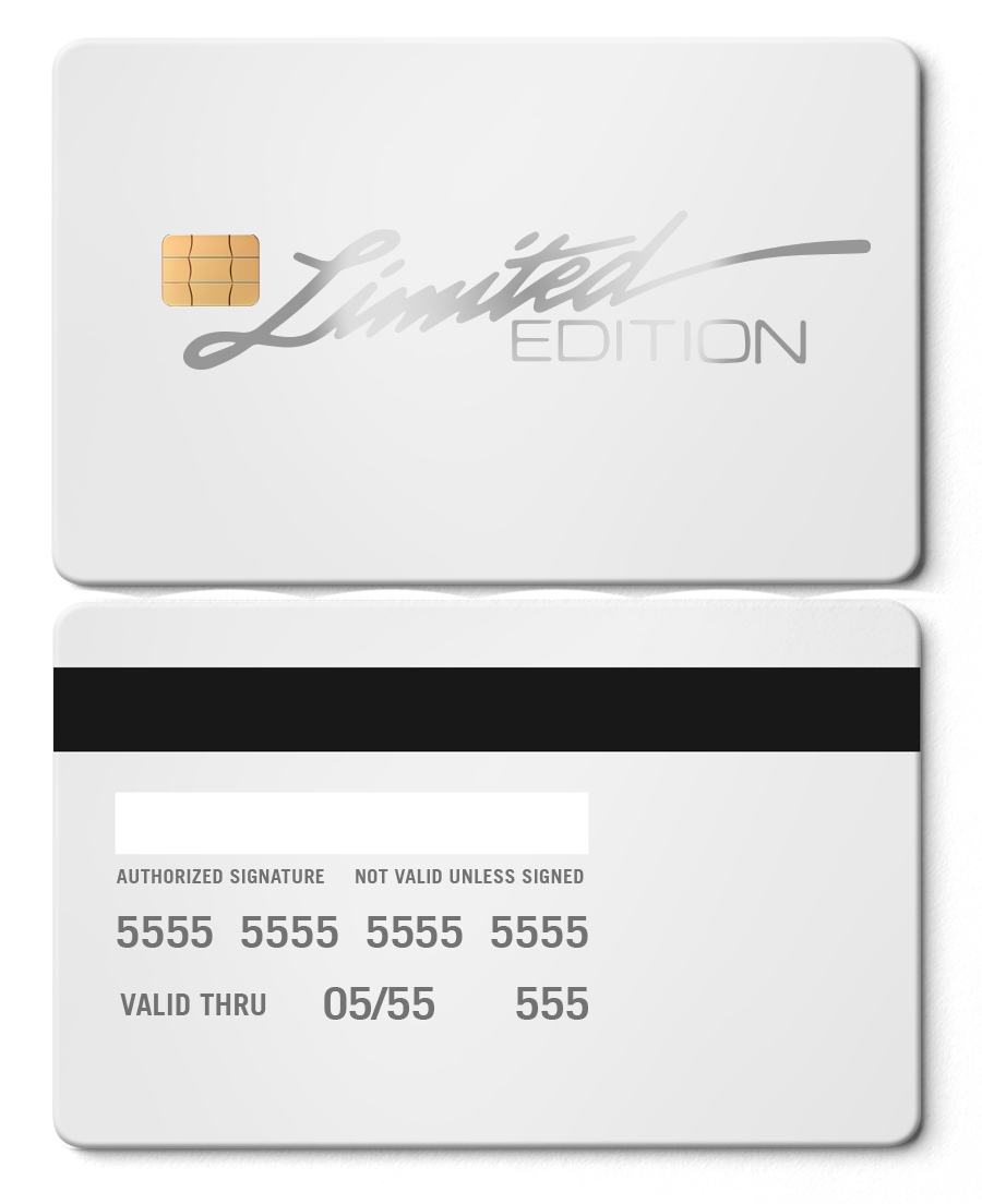 Limited Edition white metal card with chip and silver script design, front and back view