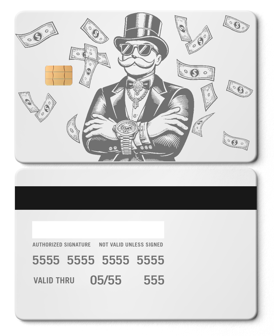 White metal card featuring Monopoly boss in suit and top hat with flying cash design.
