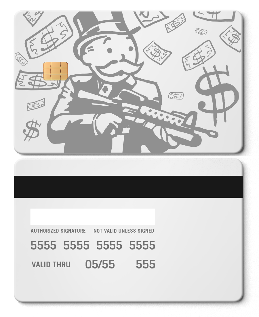 Metal card featuring Monopoly Man holding an AR-15, with dollar bills and dollar sign background.