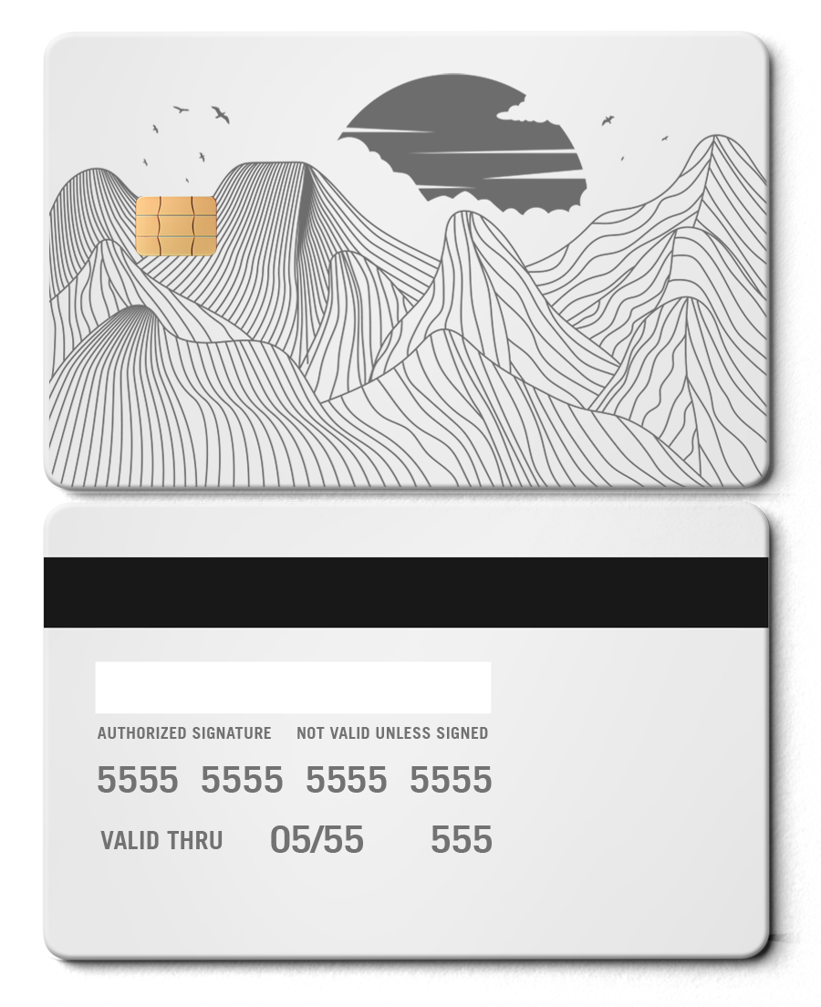 White metal card with abstract mountain line art, chip, and sun design on the front.