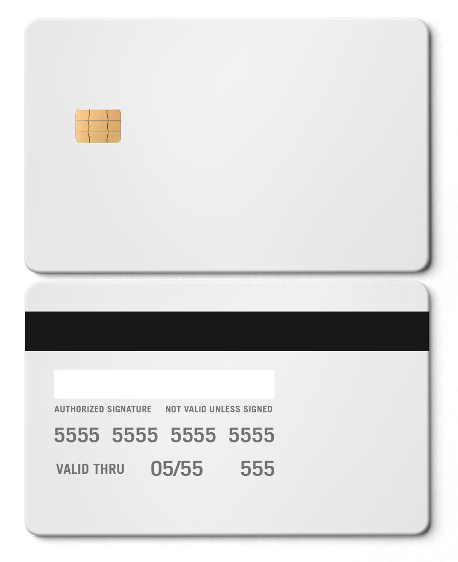 Blank white metal card with chip and magnetic stripe, credit card style