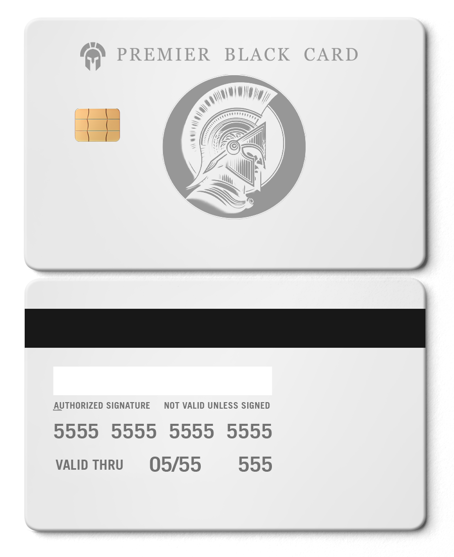 White metal card with Premier Black Card text, Spartan helmet emblem, and gold chip