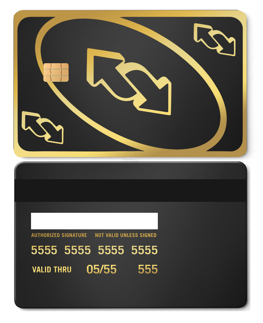 Metal UNO reverse card design with gold and black finish, chip and magnetic stripe