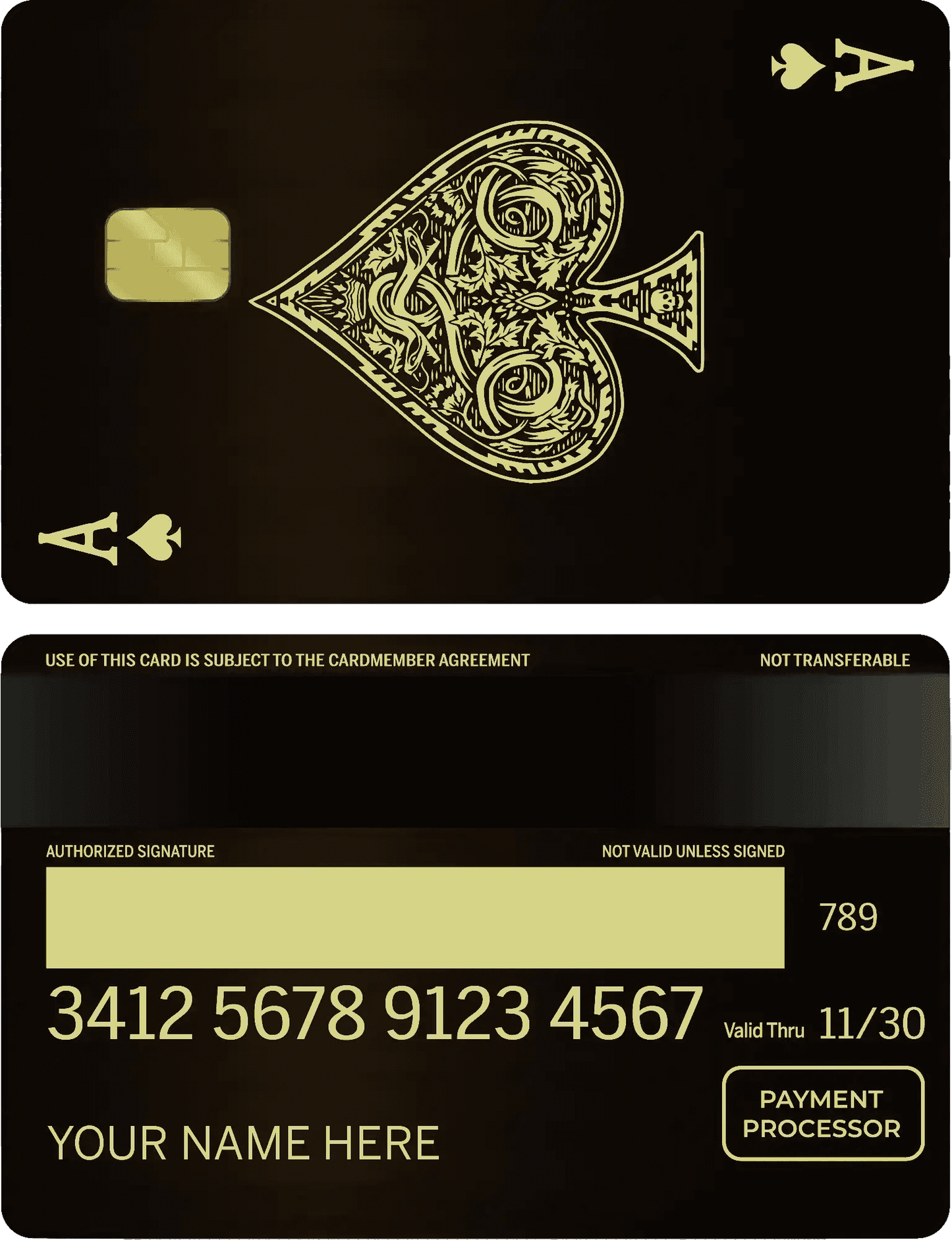 Gold metal credit card with ace of spades design, engraved details, and chip