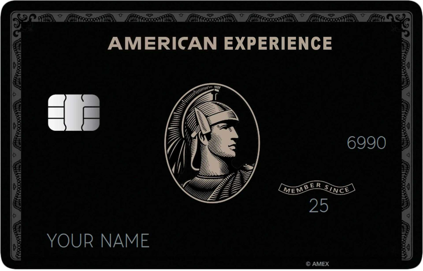 Black metal card with 'American Experience' text, silver chip, Roman helmet design, and custom name.