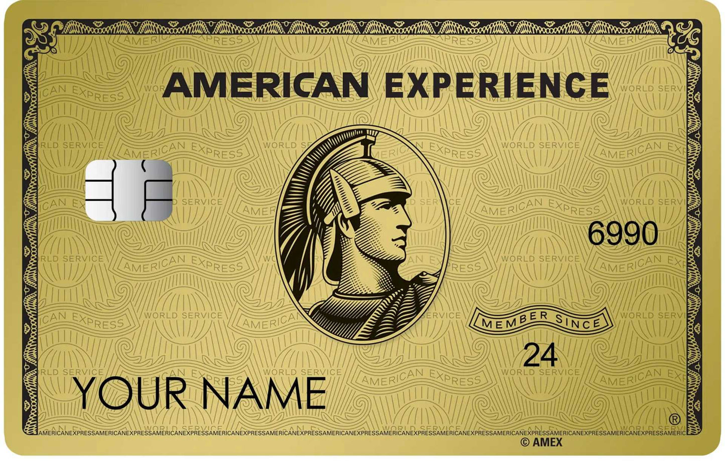 Gold metal card with 'American Experience' text, Roman warrior illustration, and card chip