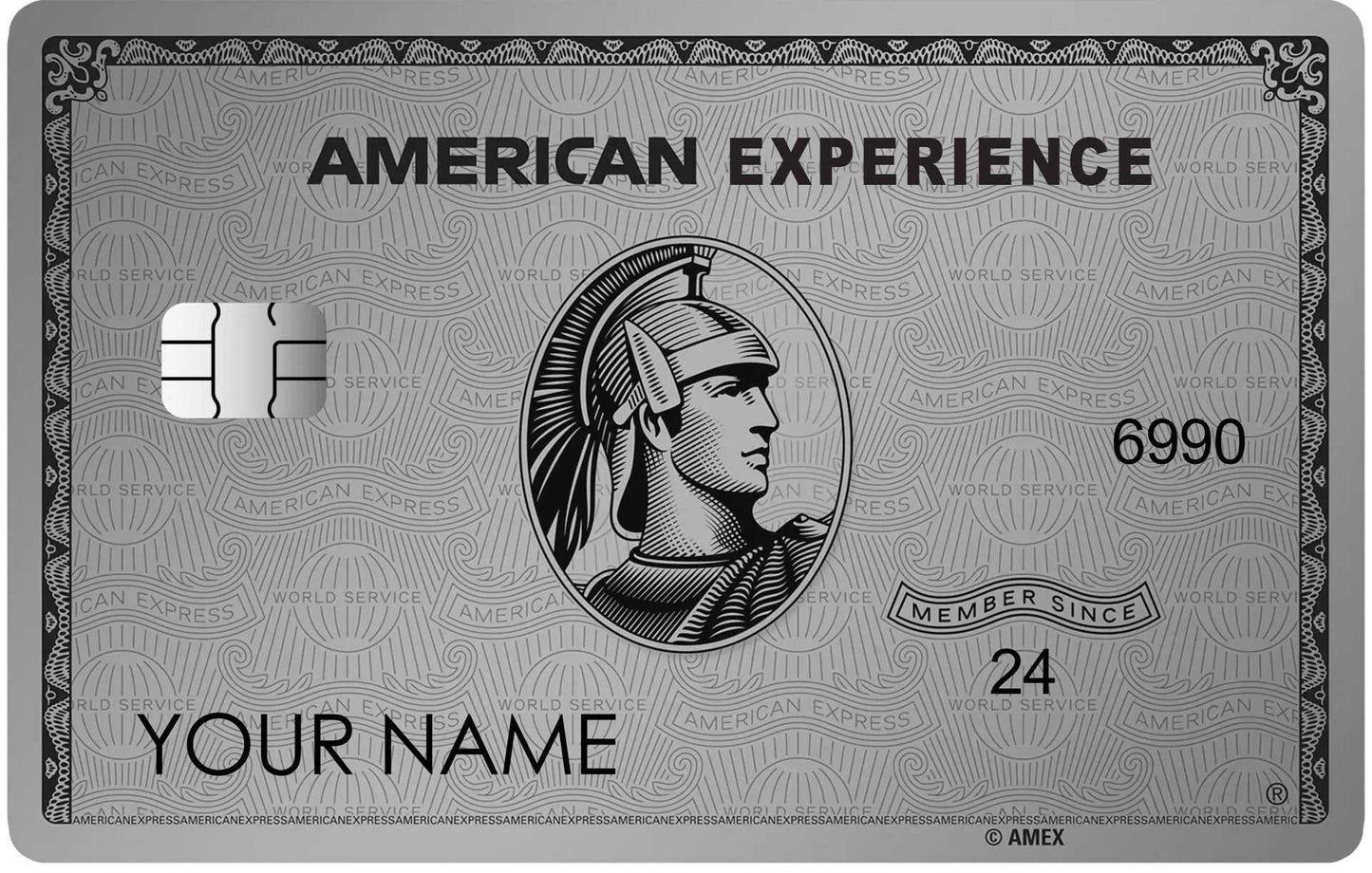 Custom metal credit card with Roman warrior engraving, chip, and 'AMERICAN EXPERIENCE' text.