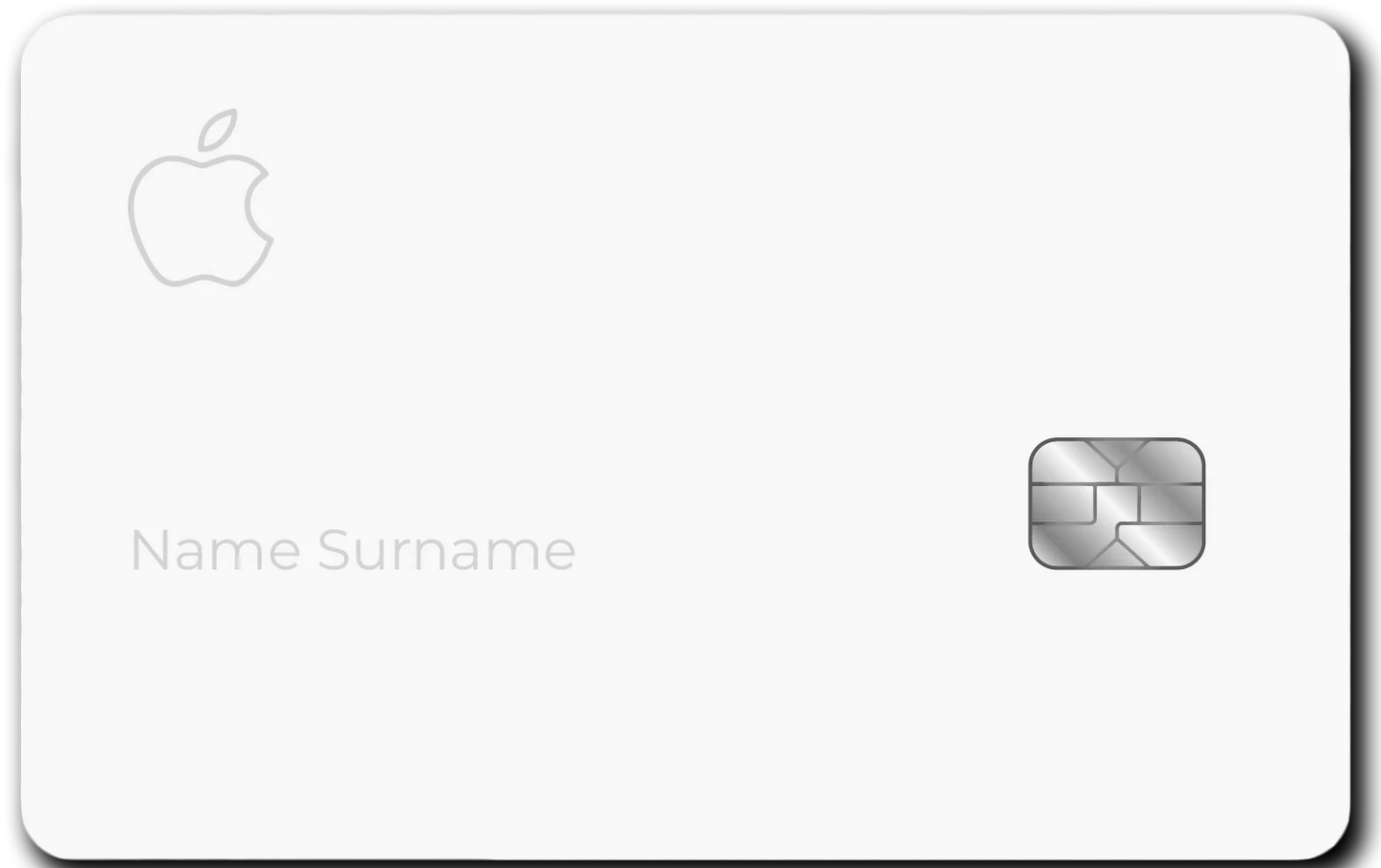 Minimalist metal Apple card with chip, silver Apple logo, and Name Surname text on white background