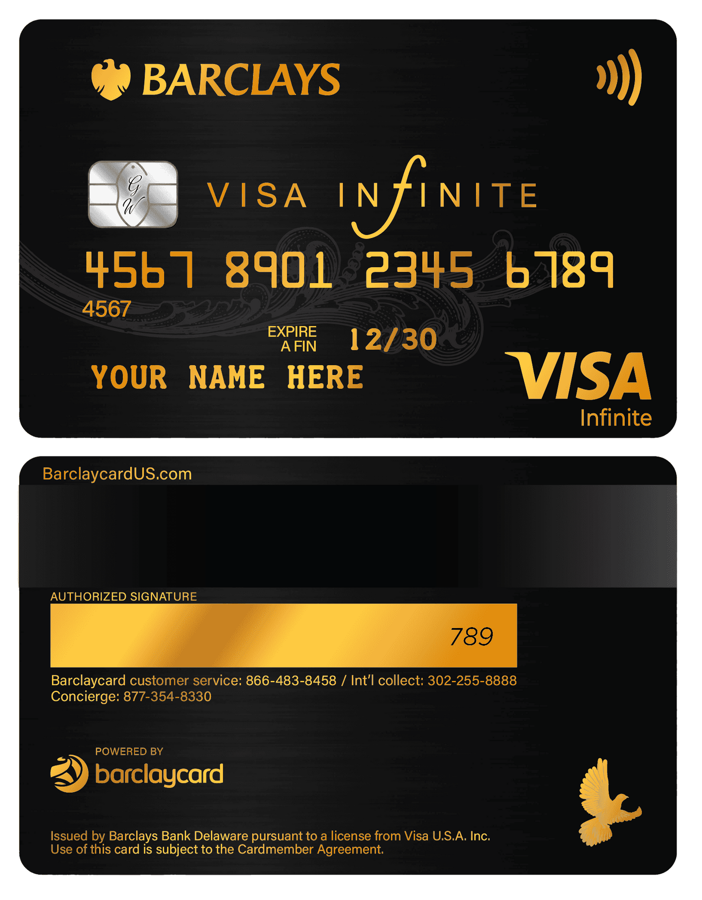 Barclays black and gold metal Visa Infinite credit card with chip, contactless symbol, and embossed numbers