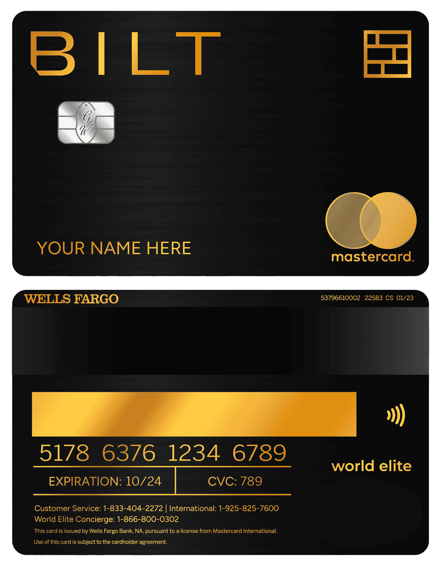 Bilt gold metal credit card with Mastercard and Wells Fargo, black and gold design, chip, world elite.