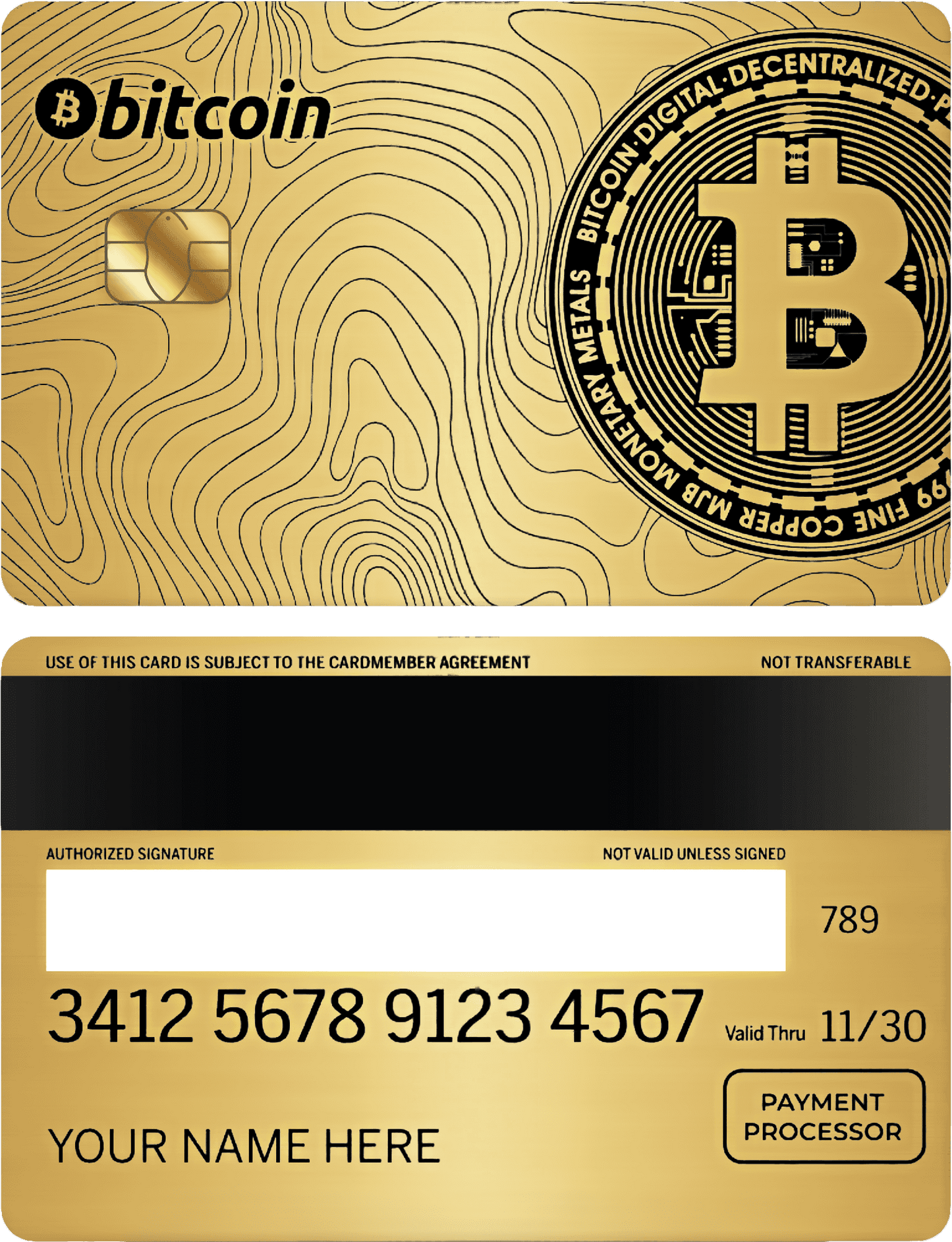 Gold metal Bitcoin card with chip, embossed Bitcoin logo, and payment details design