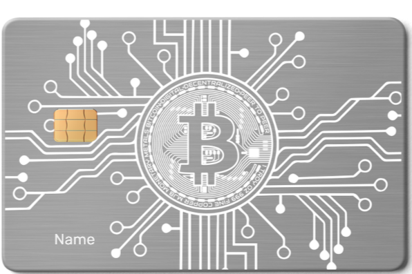 Metal card with Bitcoin design, chip, and circuit pattern on brushed silver background