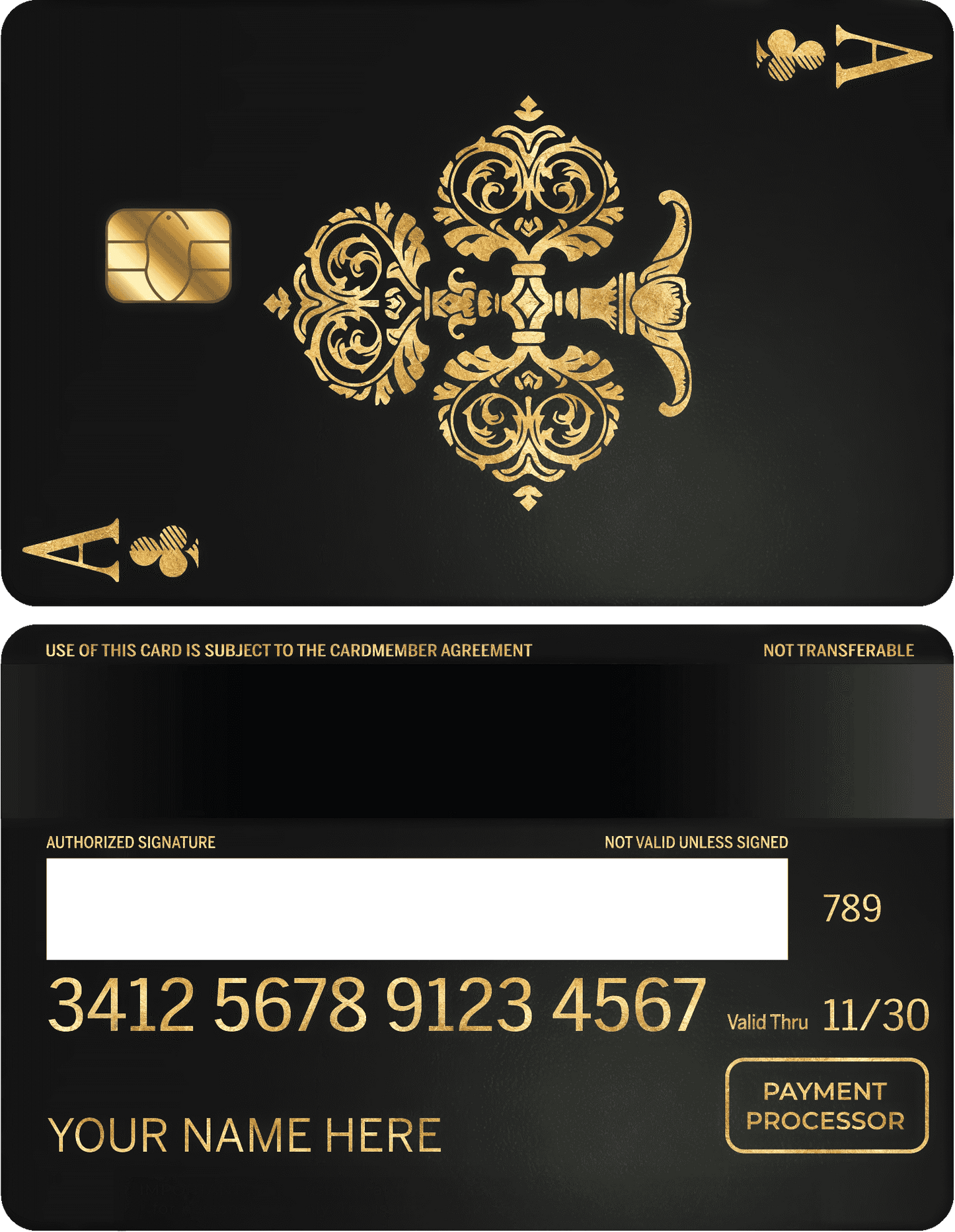 Luxury black metal card with gold ornate club design, chip, and custom details