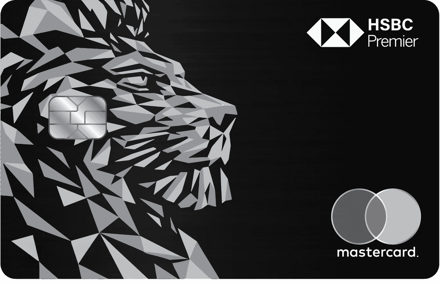 HSBC Premier metal card with geometric silver lion design and Mastercard logo on black