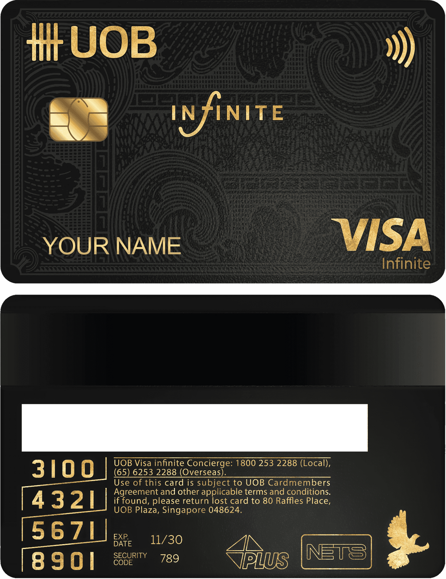 UOB Infinite gold metal credit card with Visa logo, contactless symbol, and black-gold design.
