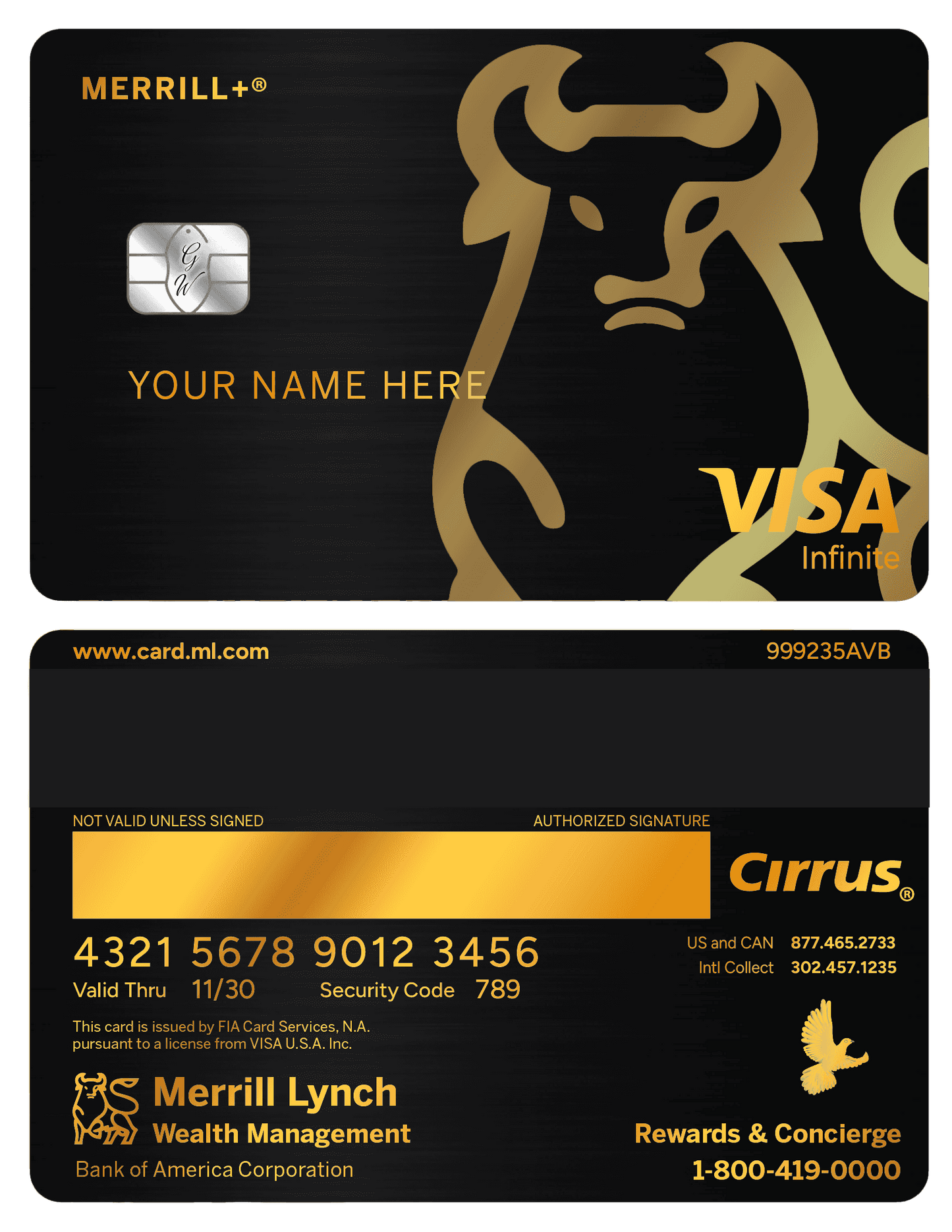 Merrill Lynch custom metal credit card, black with gold bull, Visa Infinite, wealth management