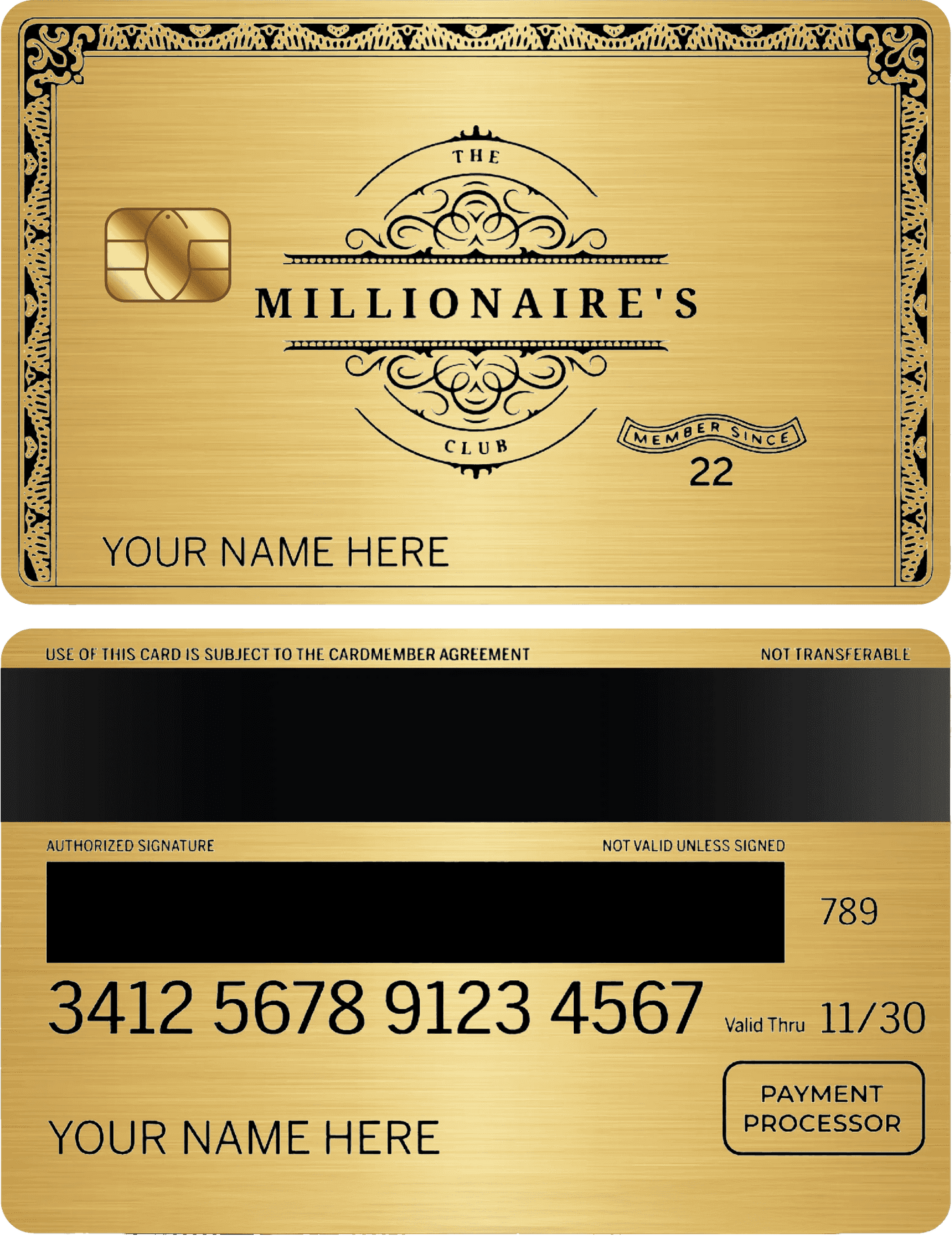 Luxury gold metal card with 'Millionaire's Club' design and custom name option