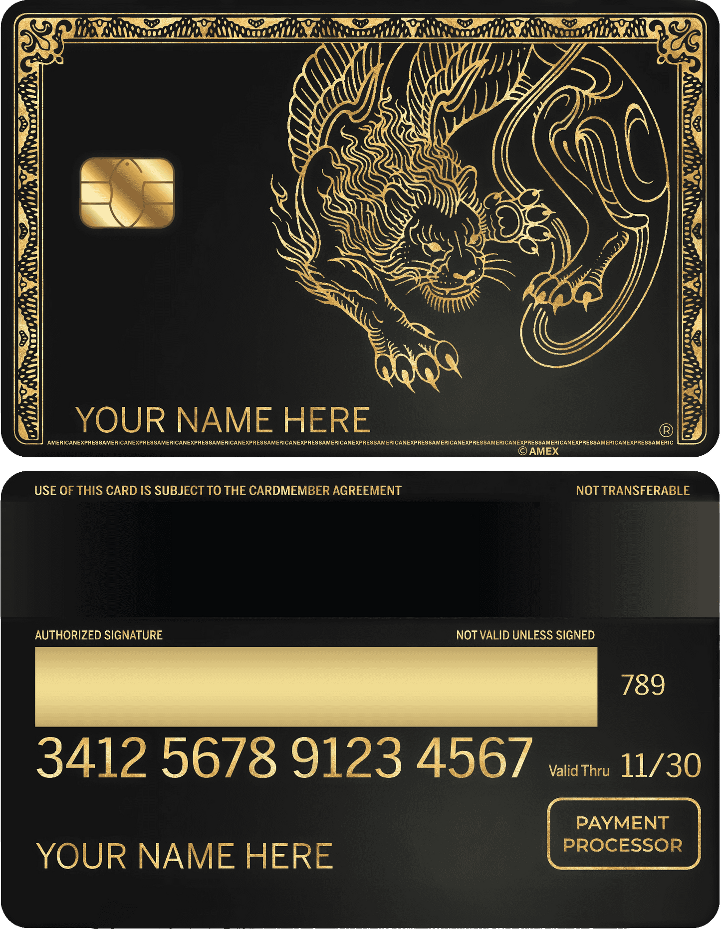 Luxury metal payment card with gold panther design and ornate border on black background