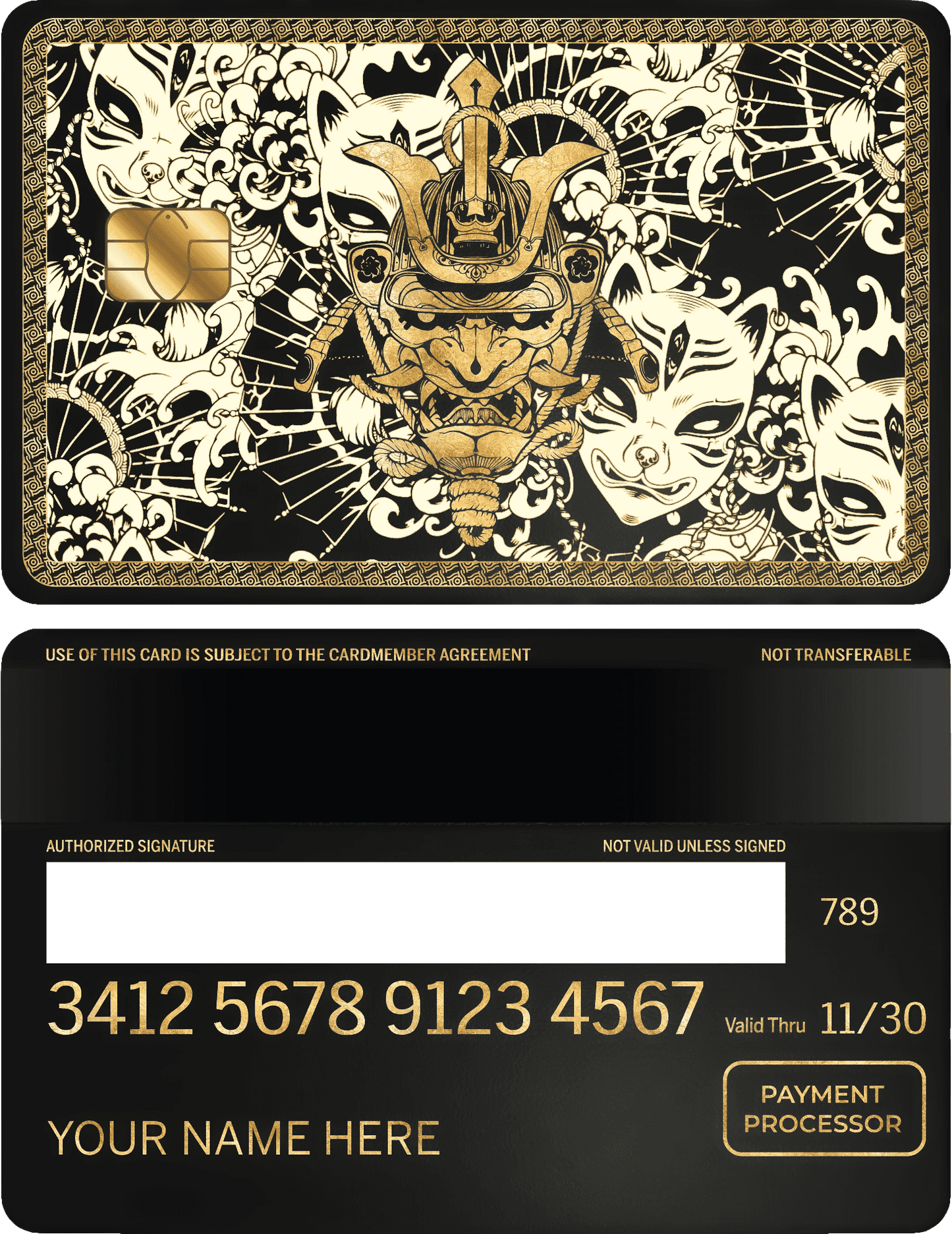 Samurai gold metal card with intricate mask and kitsune fox art design