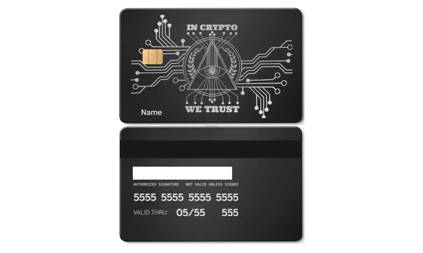 Black metal crypto card with circuit board design, eye pyramid, and 'In Crypto We Trust' text.
