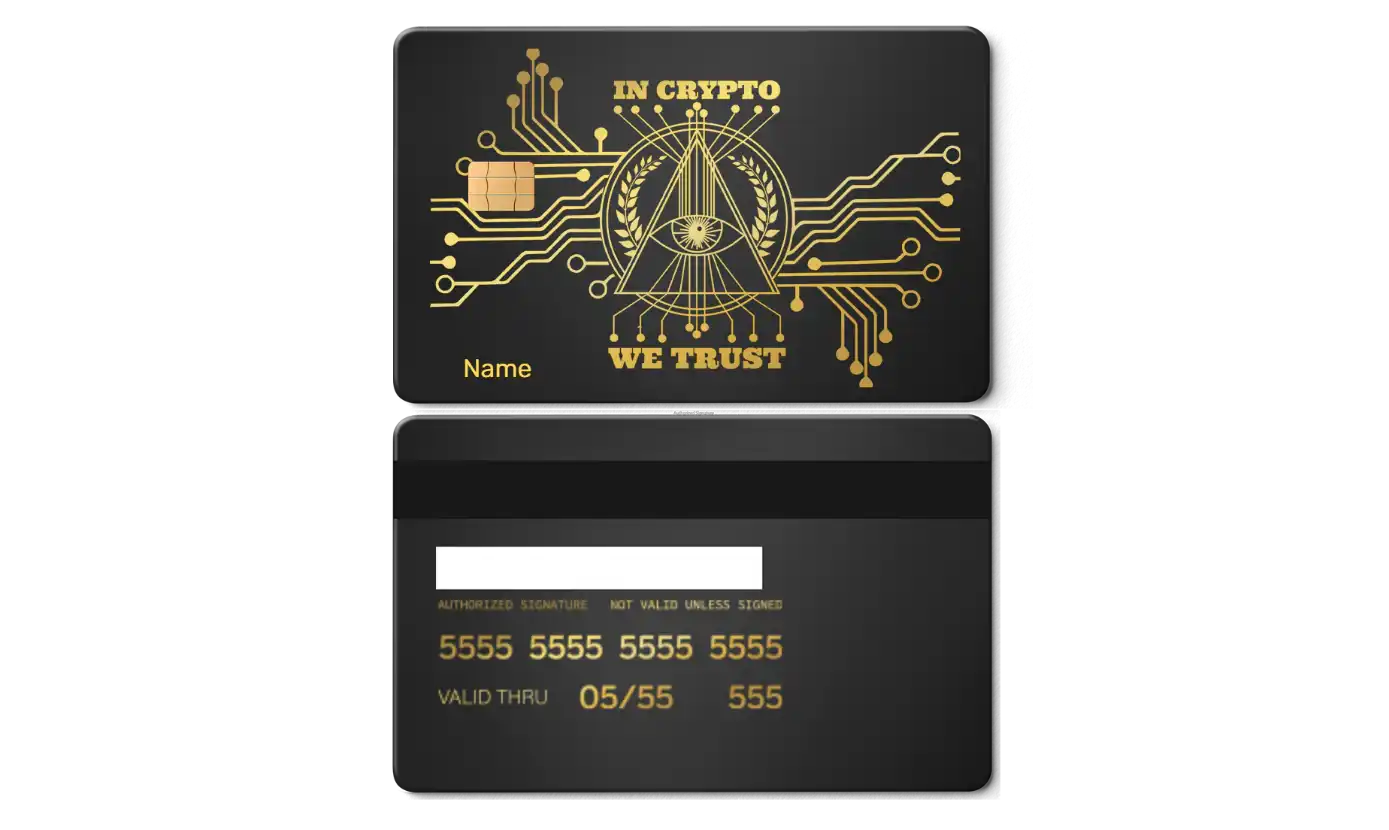 Black and gold metal crypto card with circuit design and 'In Crypto We Trust' text