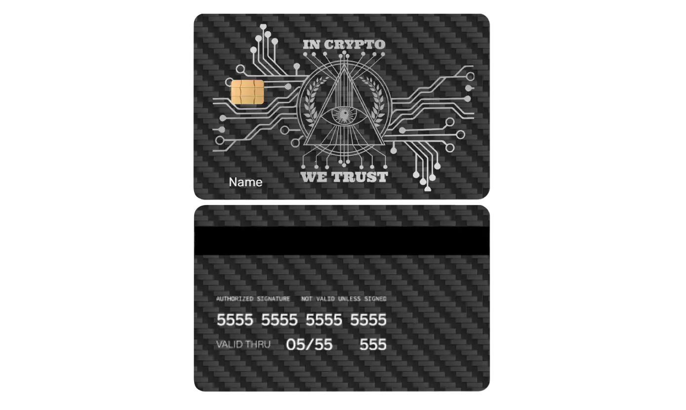 Black metal card with circuit design, 'In Crypto We Trust' text, and chip on carbon pattern background.