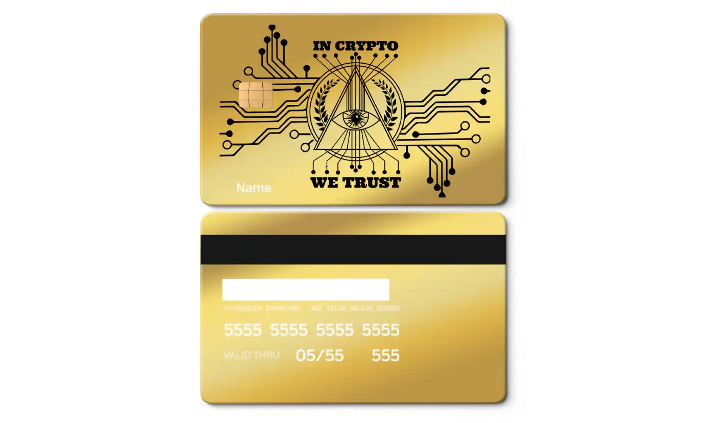 Gold metal crypto card with circuit design and 'In Crypto We Trust' text