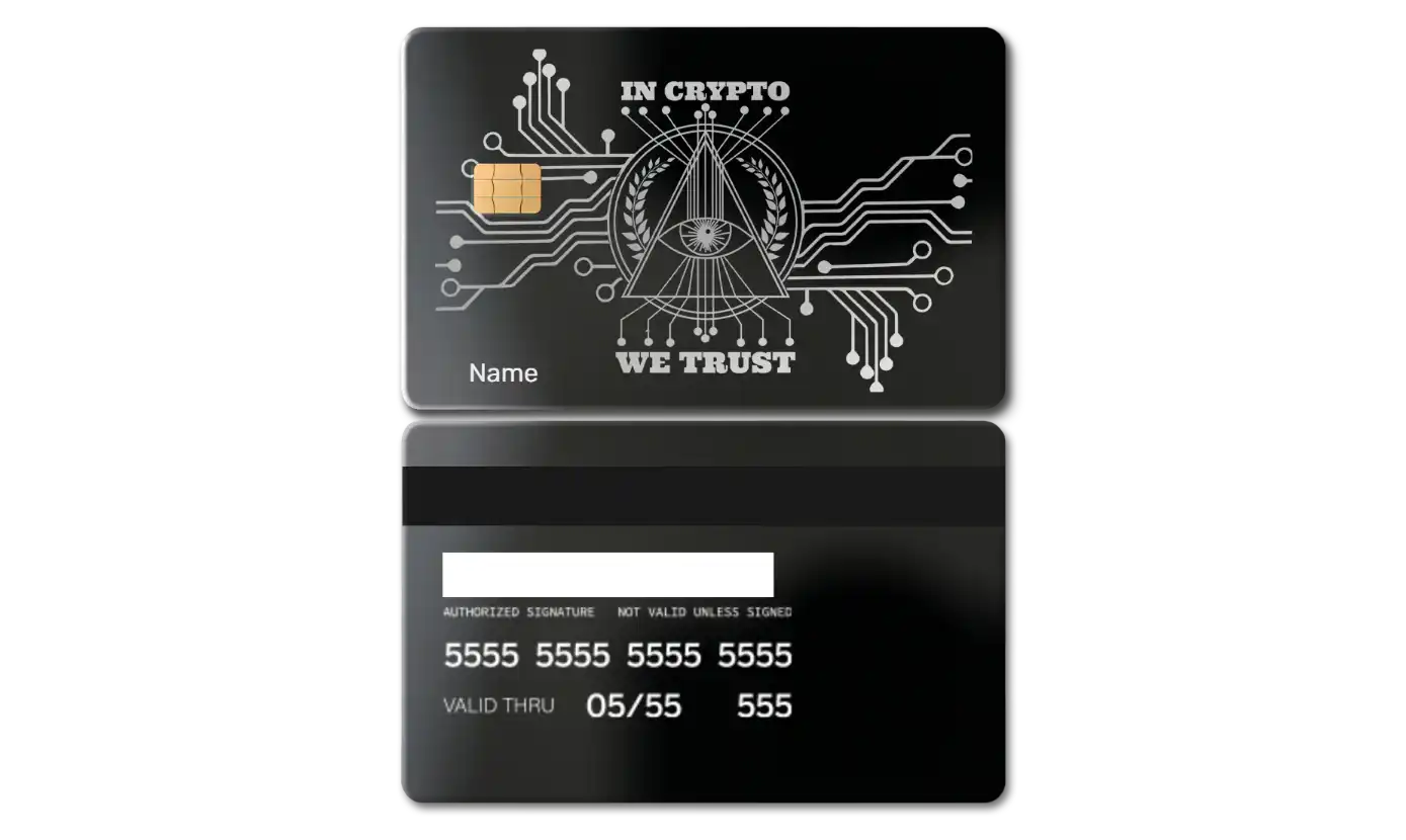 Black metal card with circuit design, 'In Crypto We Trust' text, and visible chip