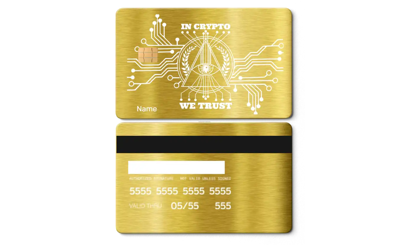 Gold metal crypto-themed card with circuit design and 'In Crypto We Trust' text