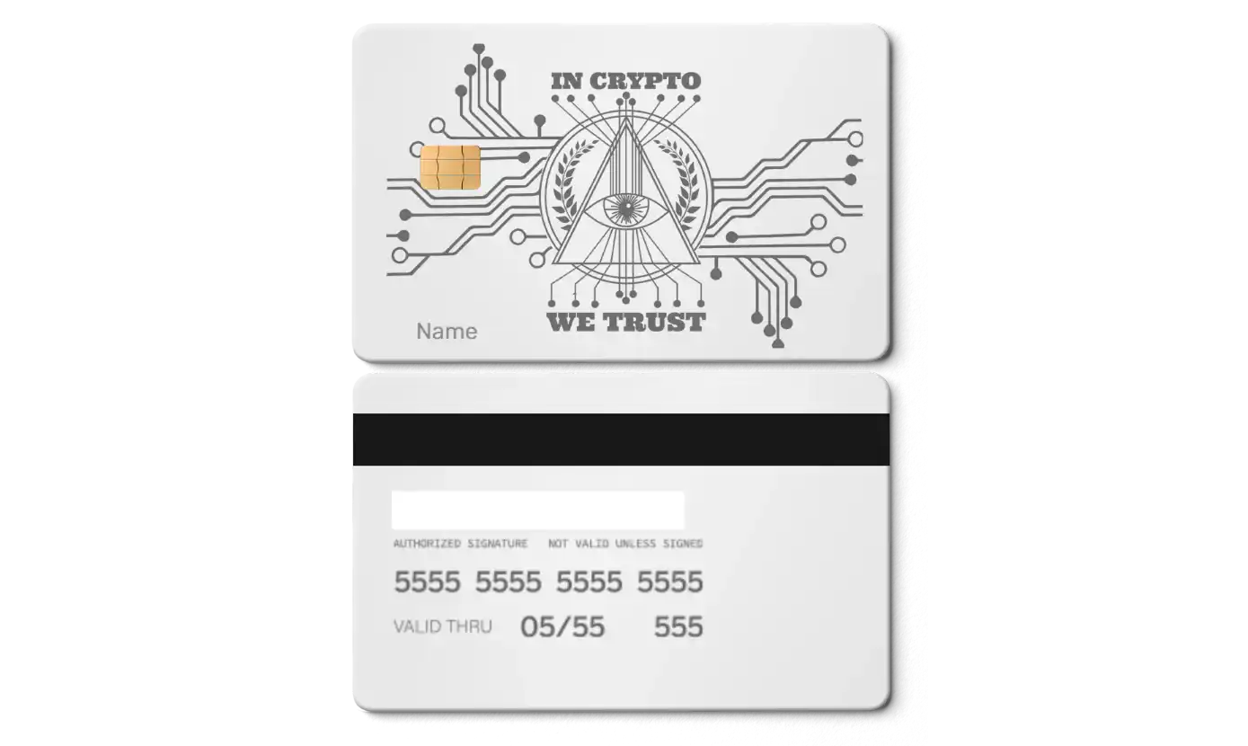 Metal card with 'In Crypto We Trust' design, circuit pattern, chip, and magnetic stripe
