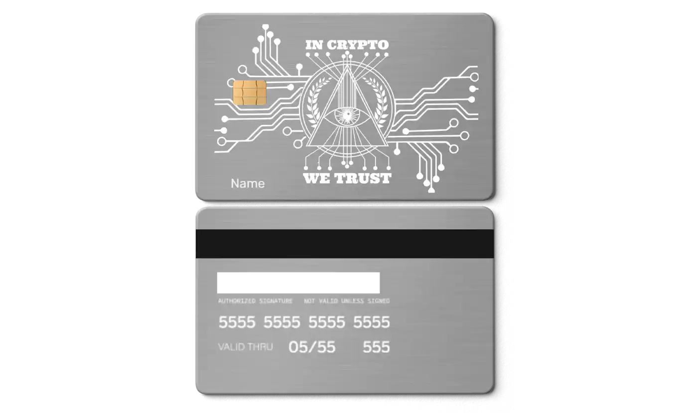 Metal crypto card with circuit design, chip, and 'In Crypto We Trust' text