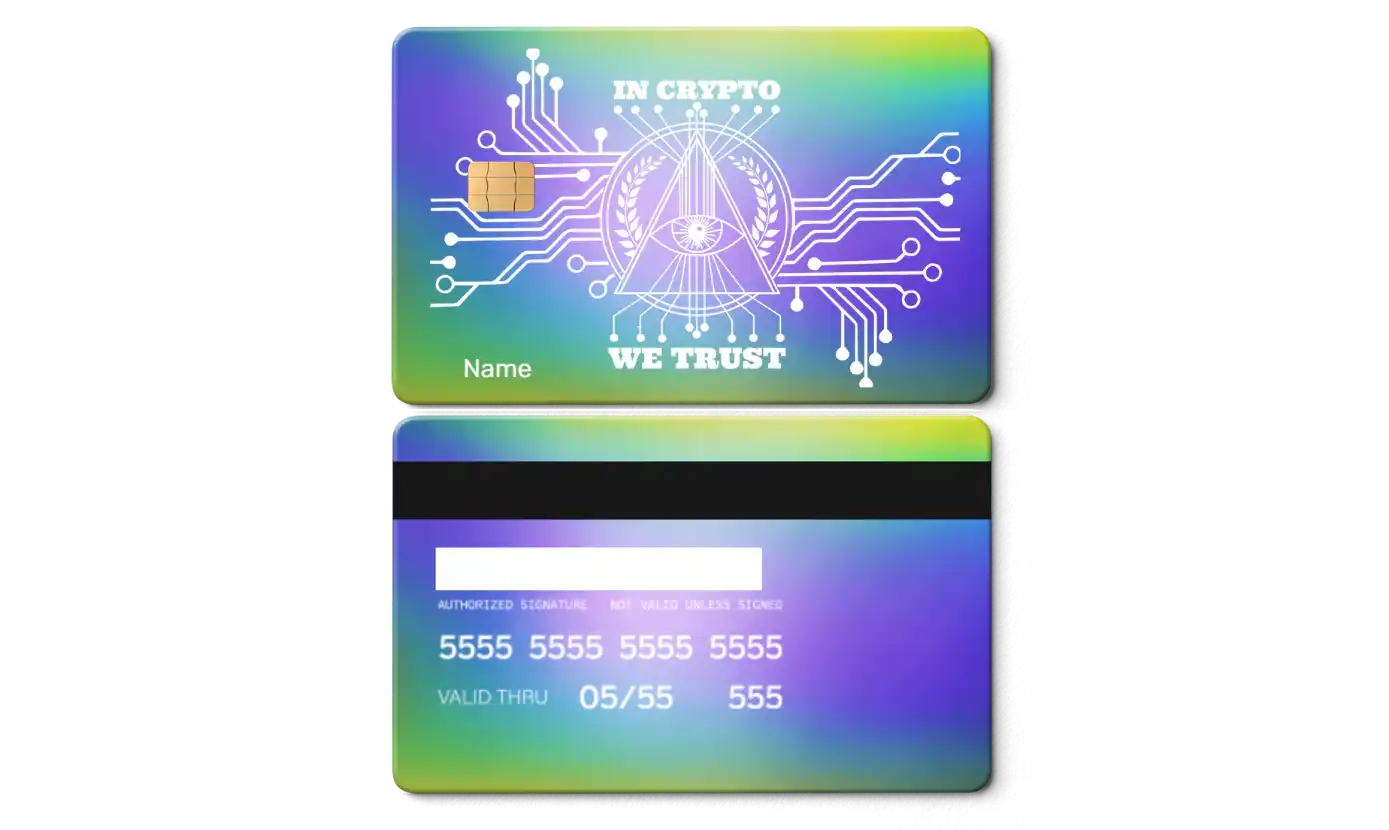 Gradient metal card with crypto circuit design, 'In Crypto We Trust' text, and chip