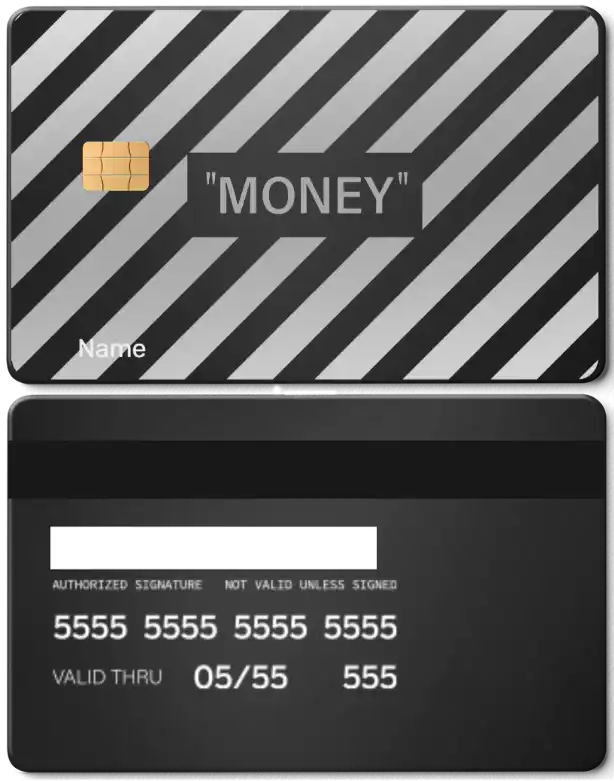 Custom metal card with chip, diagonal black stripes and 'MONEY' text design