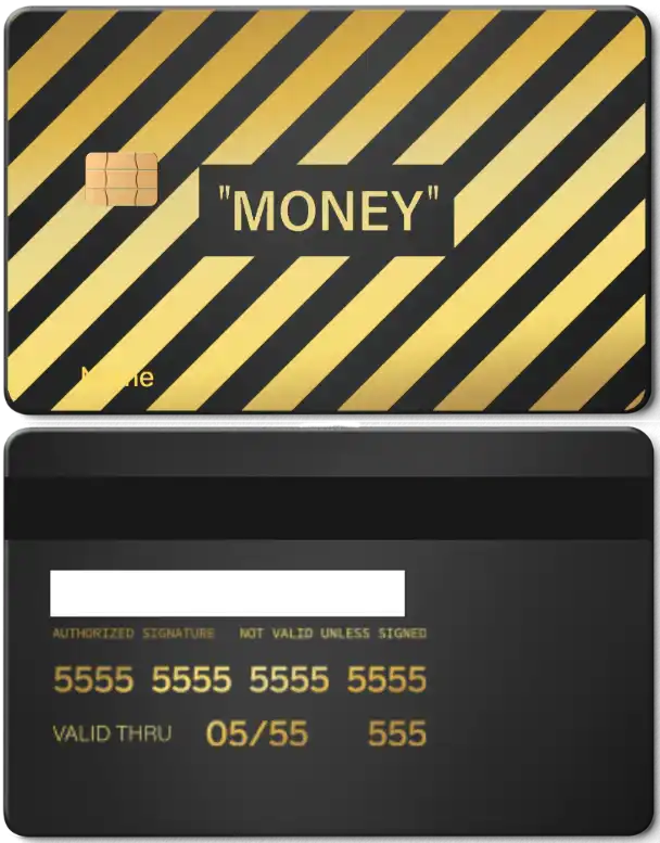 Metal card with gold and black diagonal stripes, 'MONEY' text, and chip design