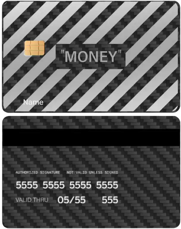 Custom metal card with silver stripes, gold chip, carbon fiber texture, and 'MONEY' text