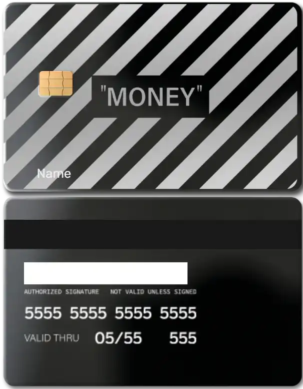 Custom metal card with diagonal black and silver stripes, chip, and 'MONEY' text design