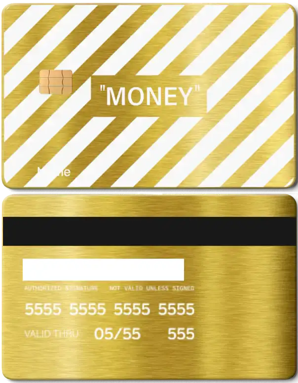 Gold metal card with diagonal white stripes, 'MONEY' text, chip, and magnetic stripe.