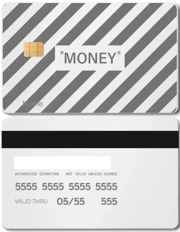 Metal card with diagonal stripes, chip, and 'MONEY' text on the front, credit card style.