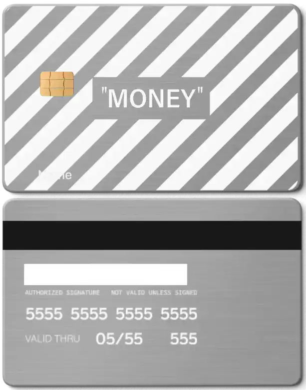 Metal card with diagonal stripes, chip, and 'MONEY' text on front, card details on back