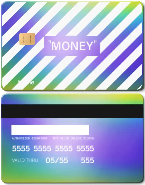 Gradient metal card with diagonal white stripes, 'MONEY' text, and chip design
