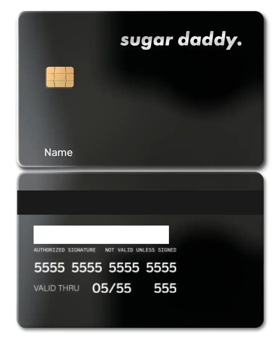 Black metal card with 'sugar daddy.' text, chip, and blank name field, front and back view.