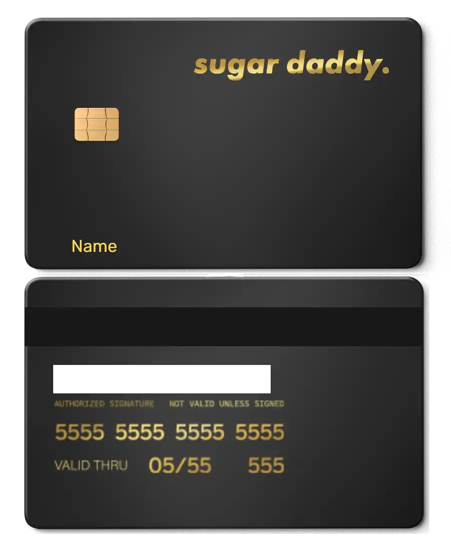 Black metal card with gold chip and 'sugar daddy.' text, custom name and card details.