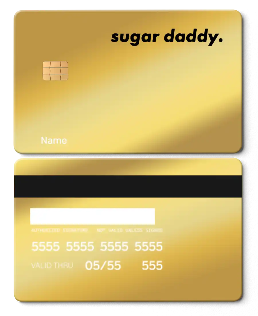 Gold metal card with 'sugar daddy.' text, chip, and magnetic stripe design front and back