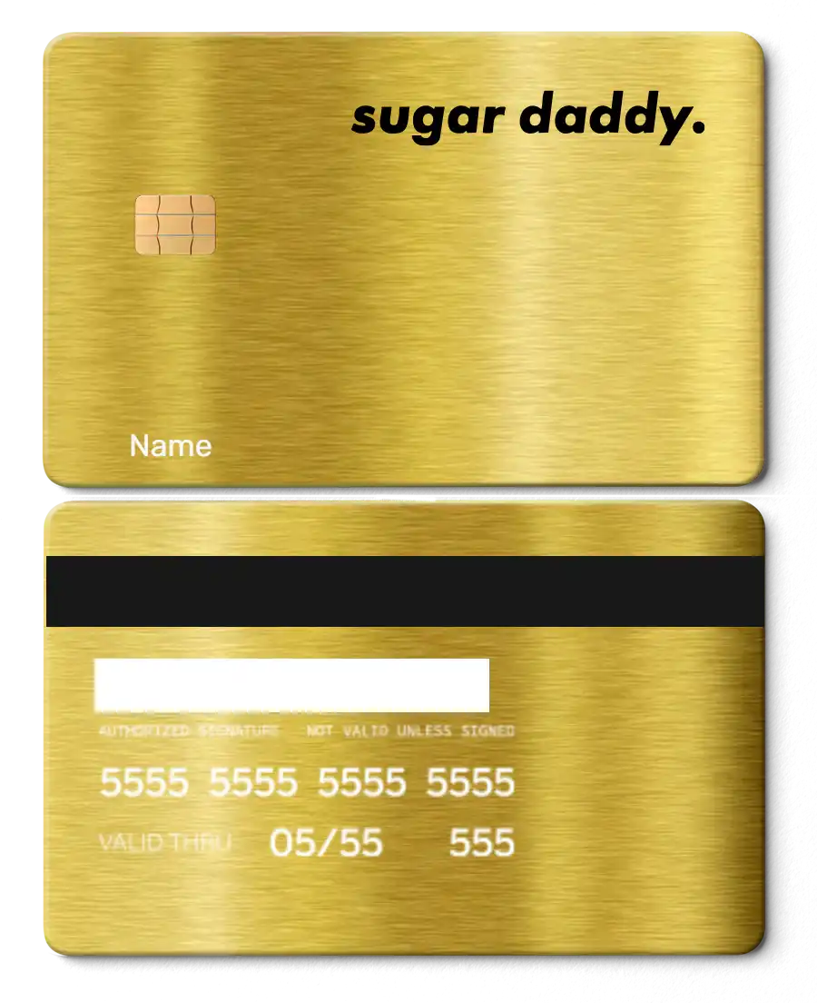 Gold metal card with 'sugar daddy.' text, chip, and embossed card details front and back.