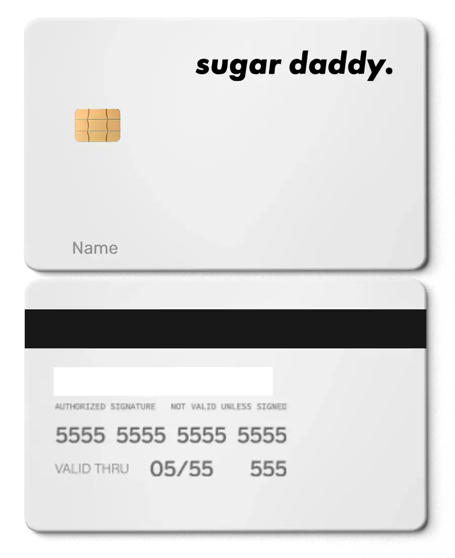 White metal card with 'sugar daddy.' text, chip, and blank name field on front, back with black stripe.