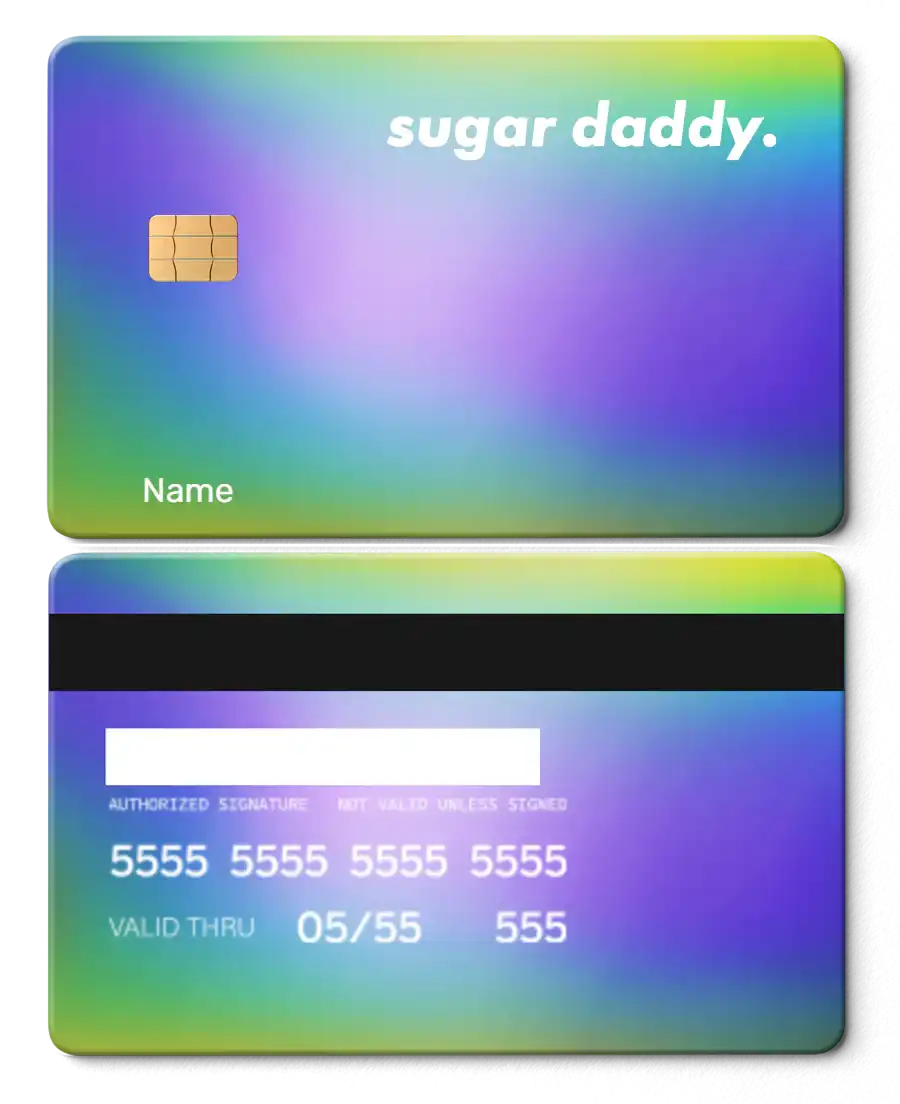 Colorful metal card with chip, 'sugar daddy.' text, rainbow gradient, front and back view