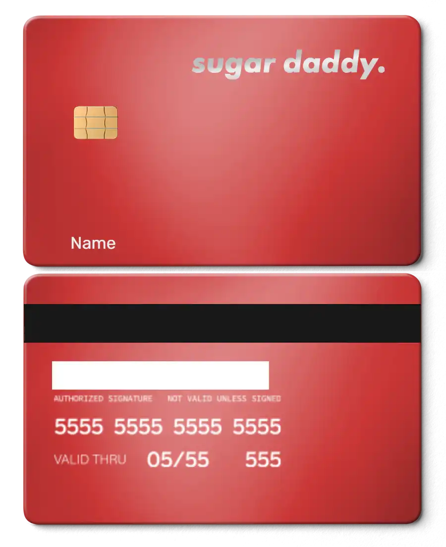 Red metal card with chip, 'sugar daddy' text, and blank name, front and back view